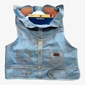 Wrangler Dog Harness Vest Light Blue Denim, Orange Mesh Lining, Trucker Style L